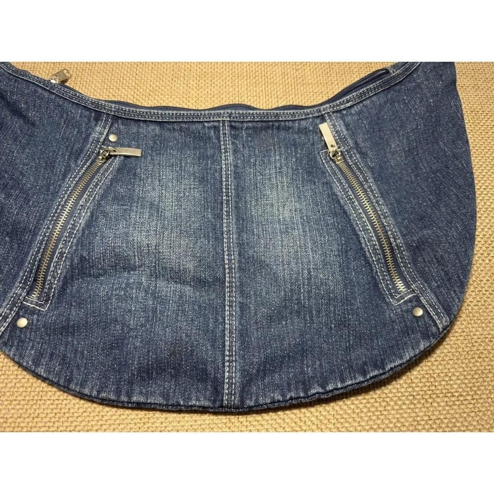Vtg Denim Y2K Crossbody Hobo Bag Multipocket Zipper Pockets Purse 90s Retro Jean